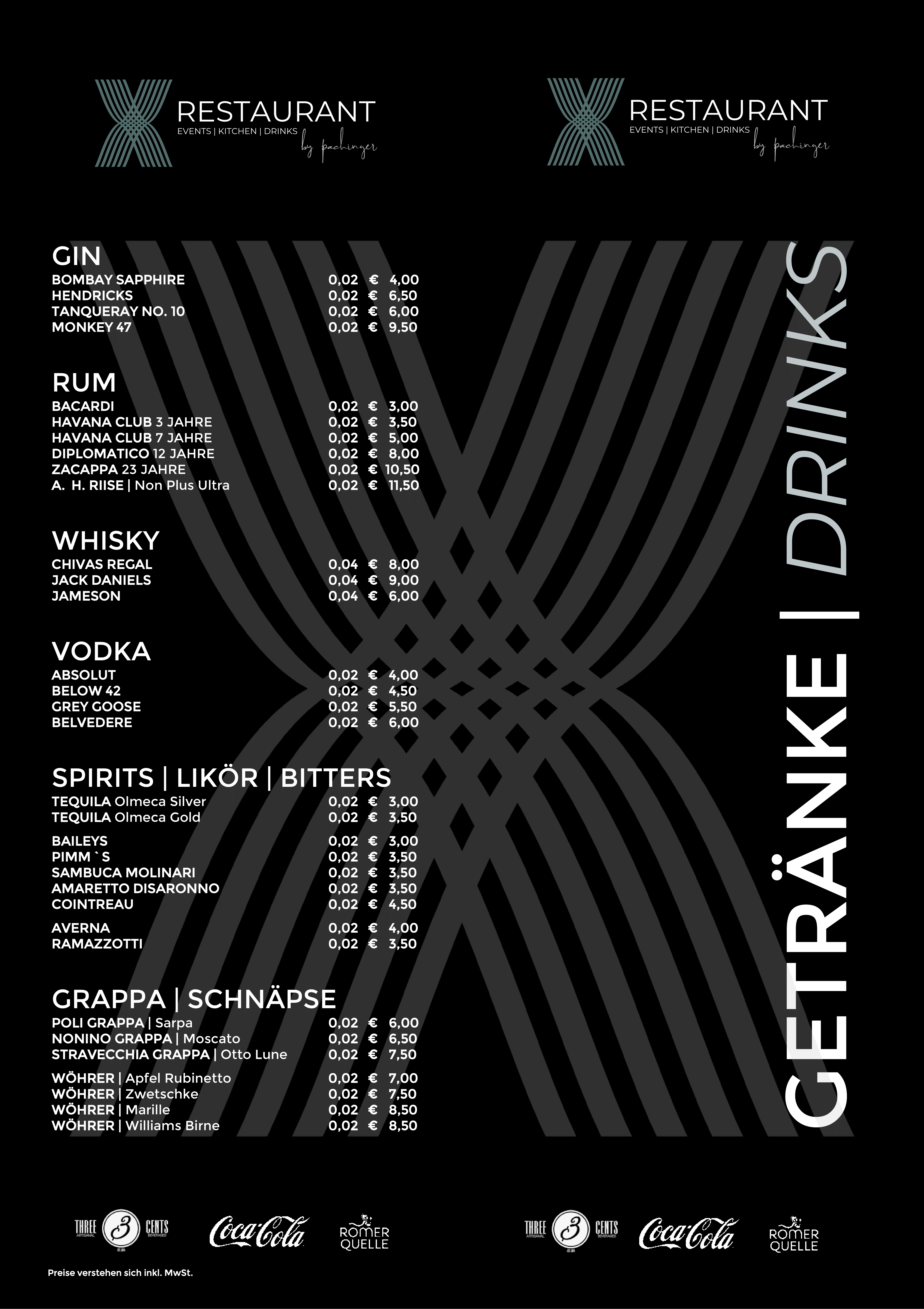 Getränkekarte des X Restaurant Linz